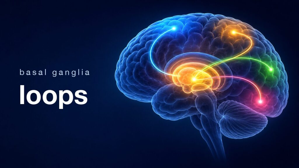 大脳基底核から大脳皮質へ4色のループ回路が伸びる脳のイラスト（basal ganglia loops）