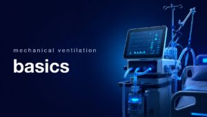 ICUの人工呼吸器と波形が表示されたモニター画面（mechanical ventilation basics）